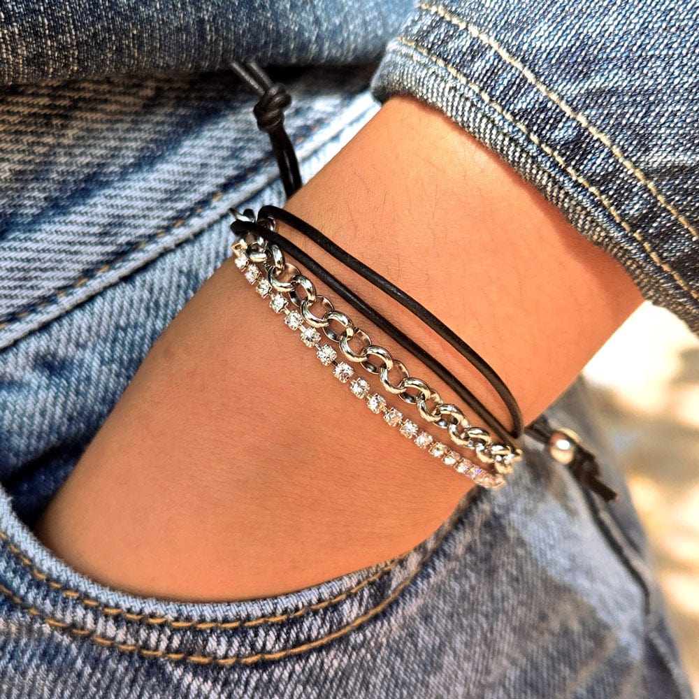 Cassidy Silver and Leather Bracelet with Rhinestone