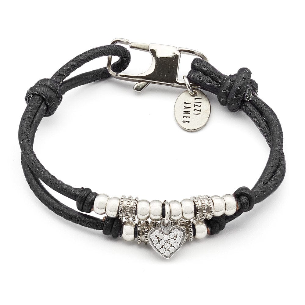 Charlotte black leather and silver bracelet with cz heart charm