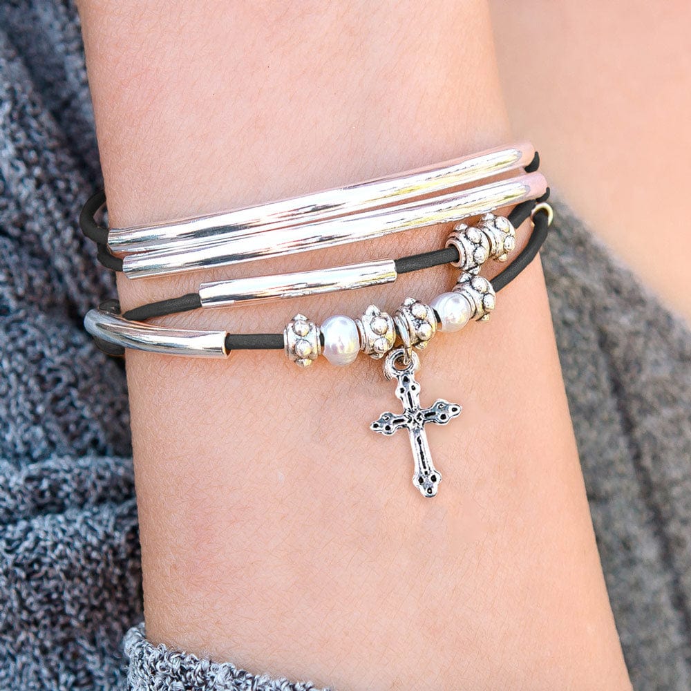 Charming Silver Wrap Bracelet in Gunmetal Grey Leather with Delicate Cross Charm