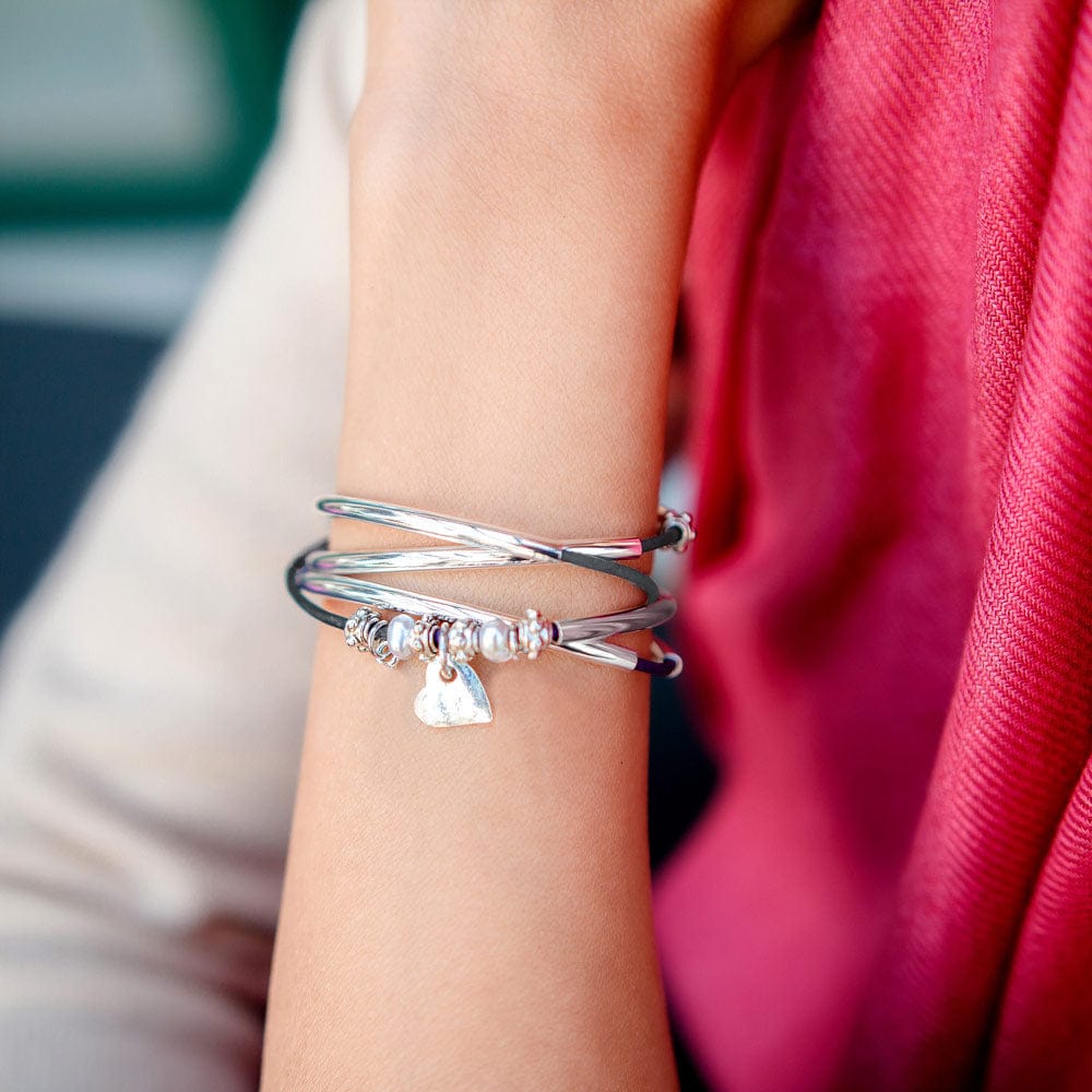 Charming Silver Wrap Bracelet in Gunmetal Grey Leather with Heart Charm