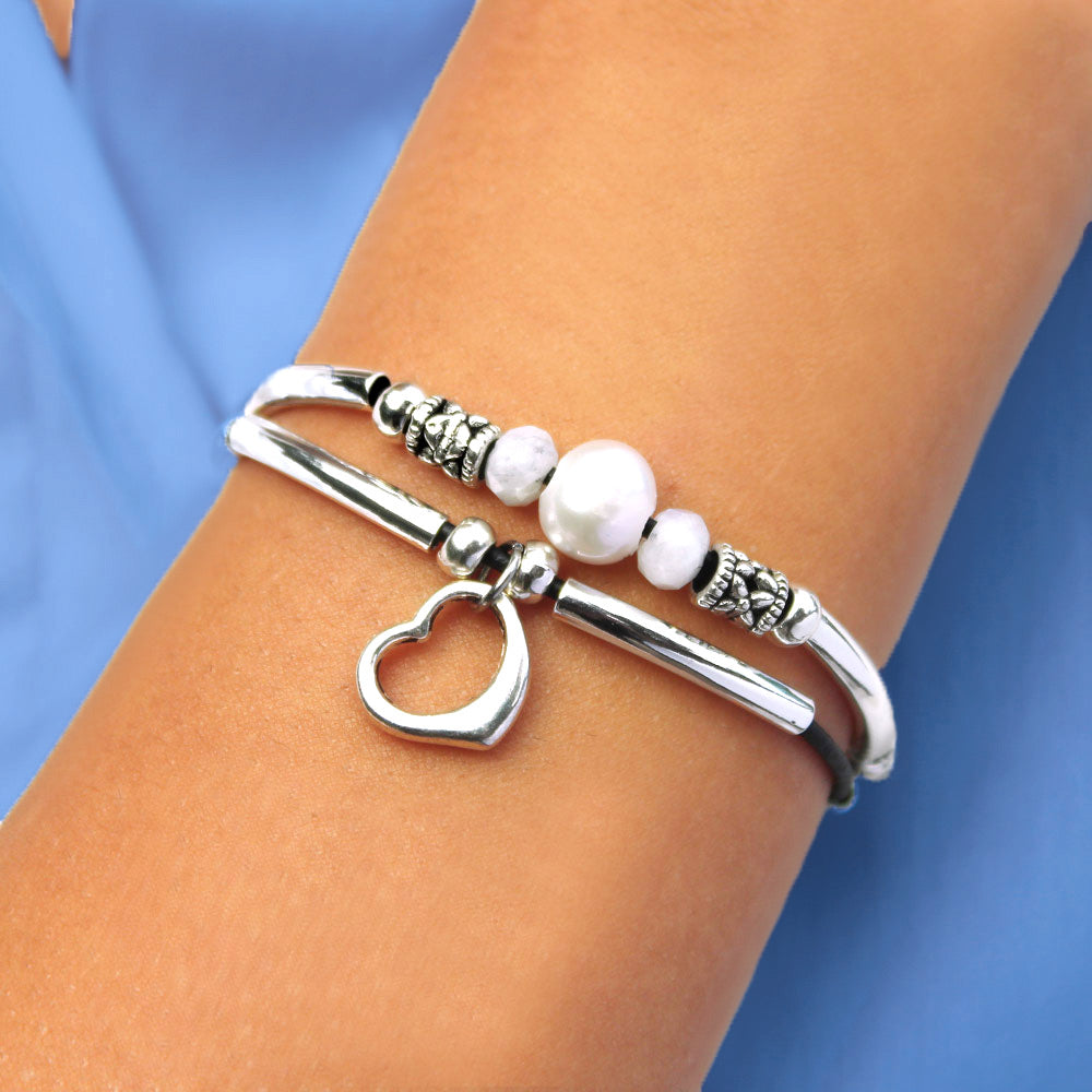 Crystal Water Adjustable Silver & Leather Bracelet with Pearl & Moonstone