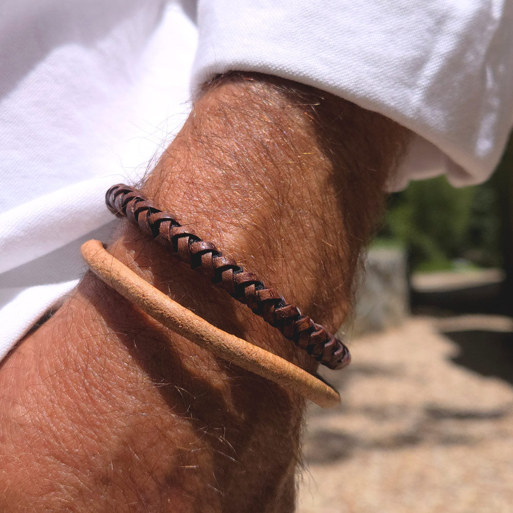 Men&#39;s Ellis Tan Leather Bracelet w Magnetic Clasp shown with the Max braided leather bracelet