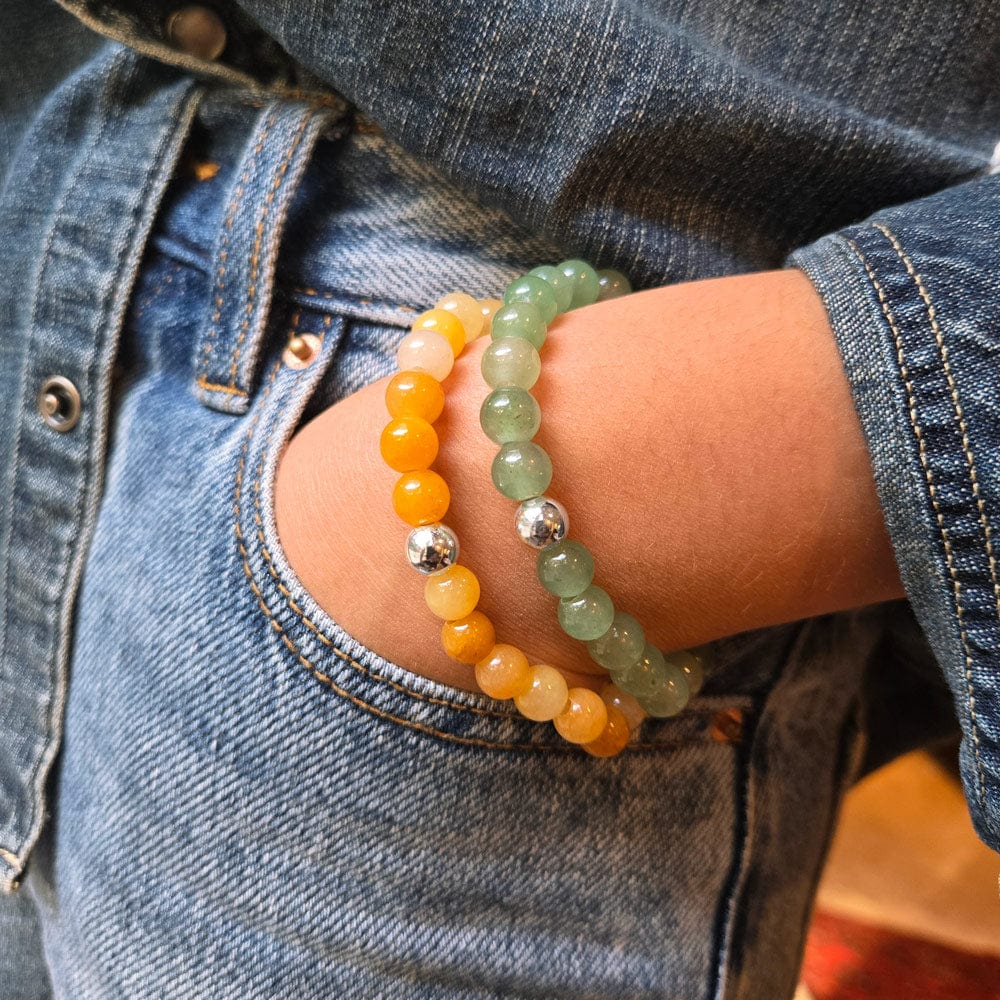 Green Aventurine Beaded Stretch Bracelet w Sterling Silver Bead shown with the Yellow Jade bracelet