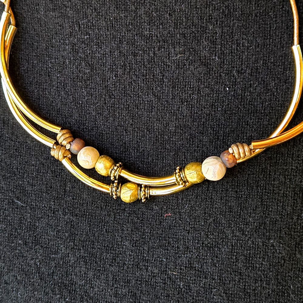 Gold &amp; Metallic Bronze Leather Wrap Bracelet with Semi Precious Jasper shown as a necklace