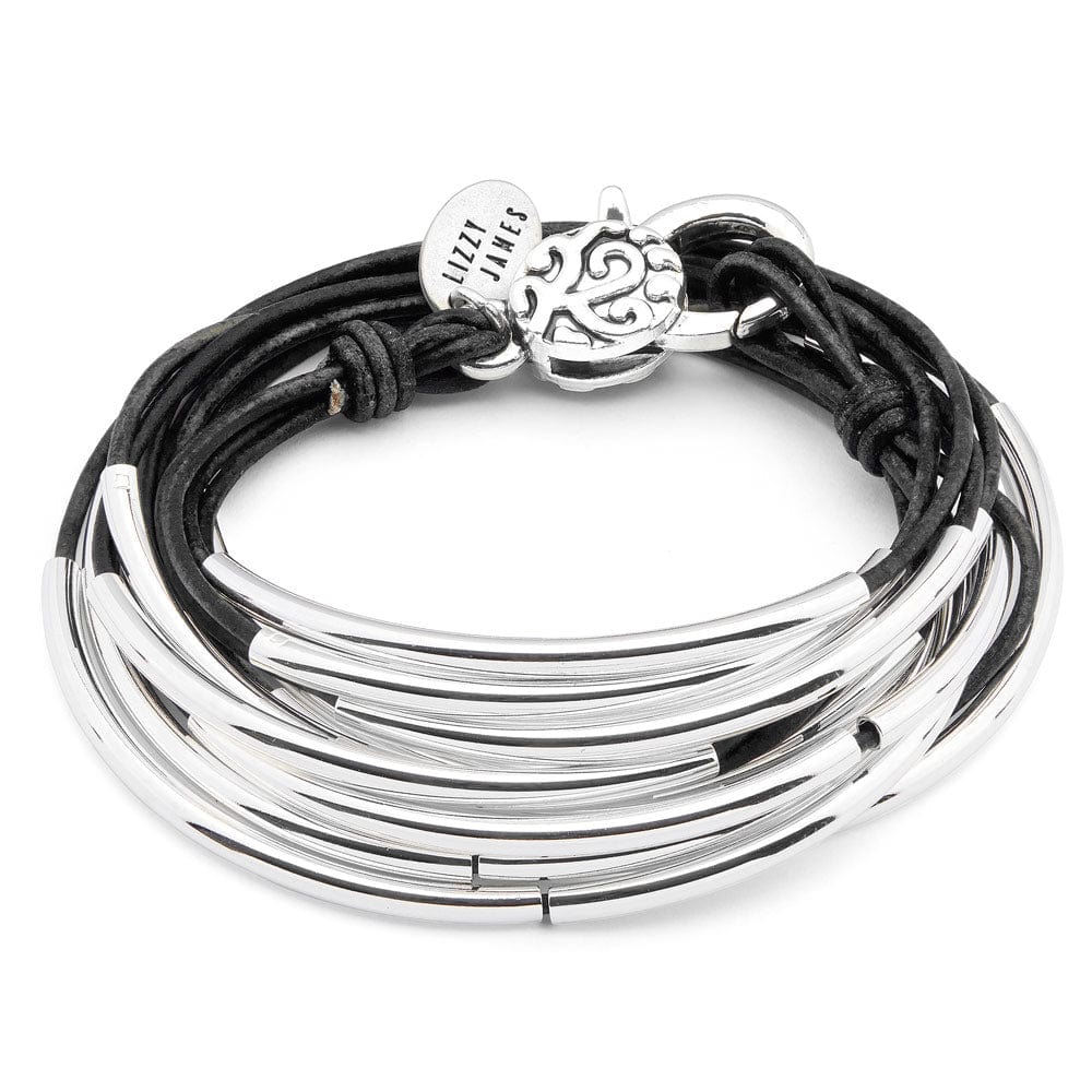 Lizzy classic 4-strand black leather wrap bracelet with silver