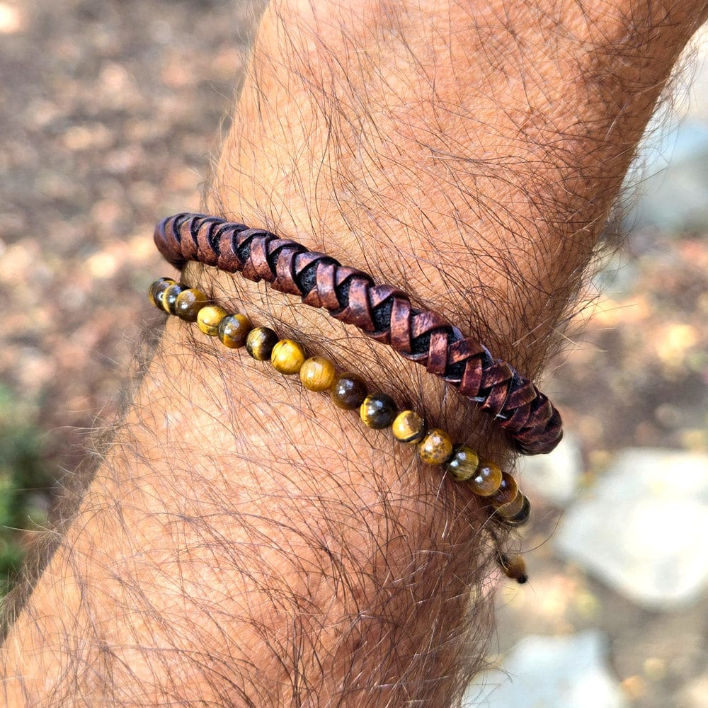 Max brown braided leather men&#39;s bracelet with tiger&#39;s eye beads