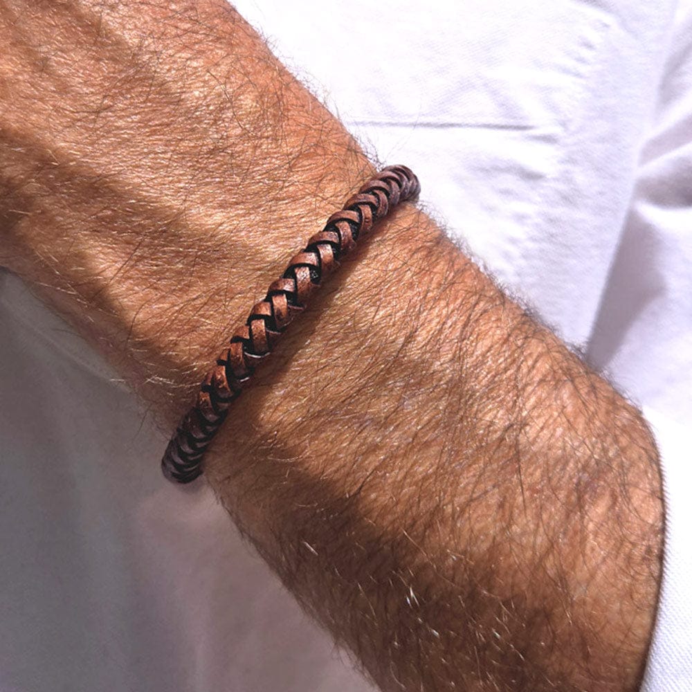 Max brown braided leather men's bracelet with magnetic clasp