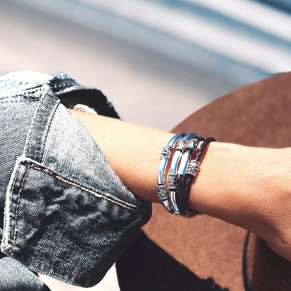 Maxi Braided Brown Leather Wrap Bracelet with Etched Silver Crescents