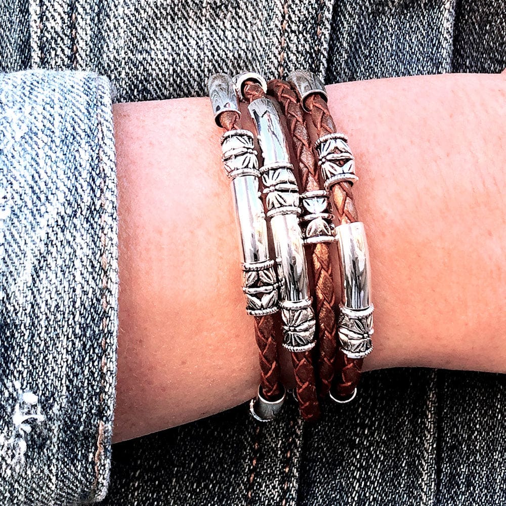 Maxi Braided Brown Leather Wrap Bracelet with Etched Silver Crescents