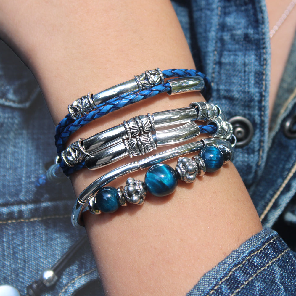 Clarity Semi Precious Blue Tigers Eye Silver Adjustable Bracelet stacked with the Maxi in true blue leather wrap bracelet