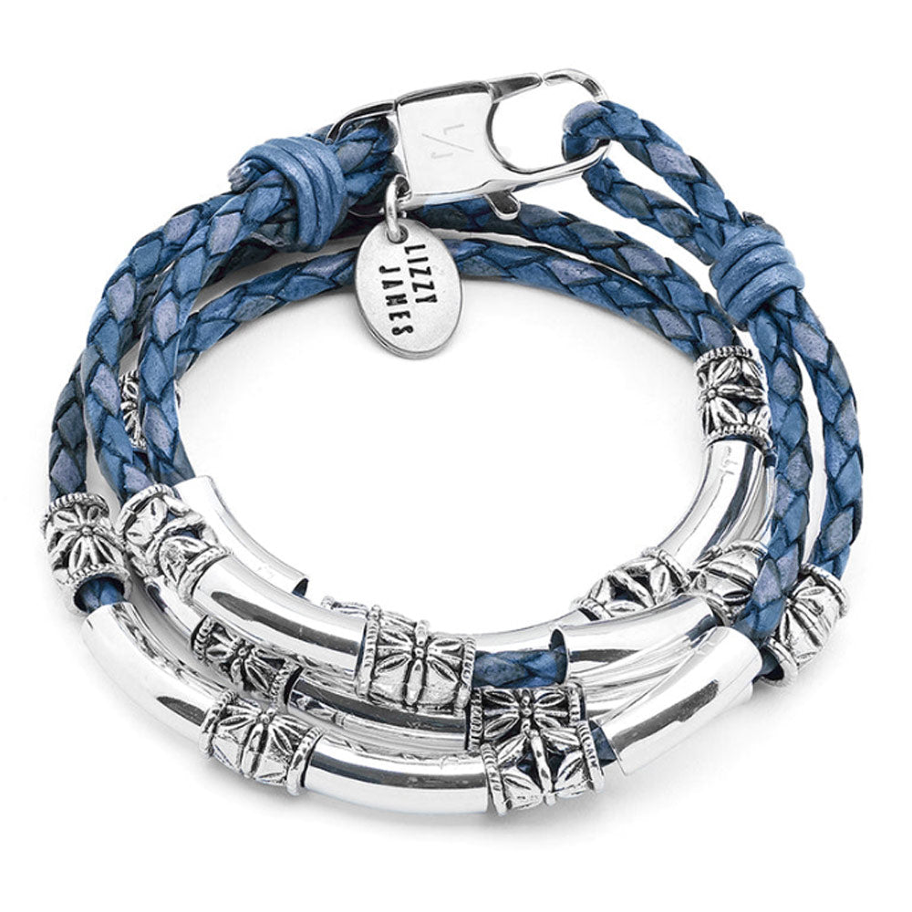 Maxi Braided Leather Wrap Bracelet in natural blue leather