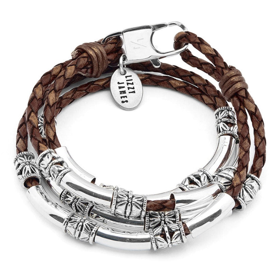 Maxi Silver Bracelet in Brown Mocha Leather