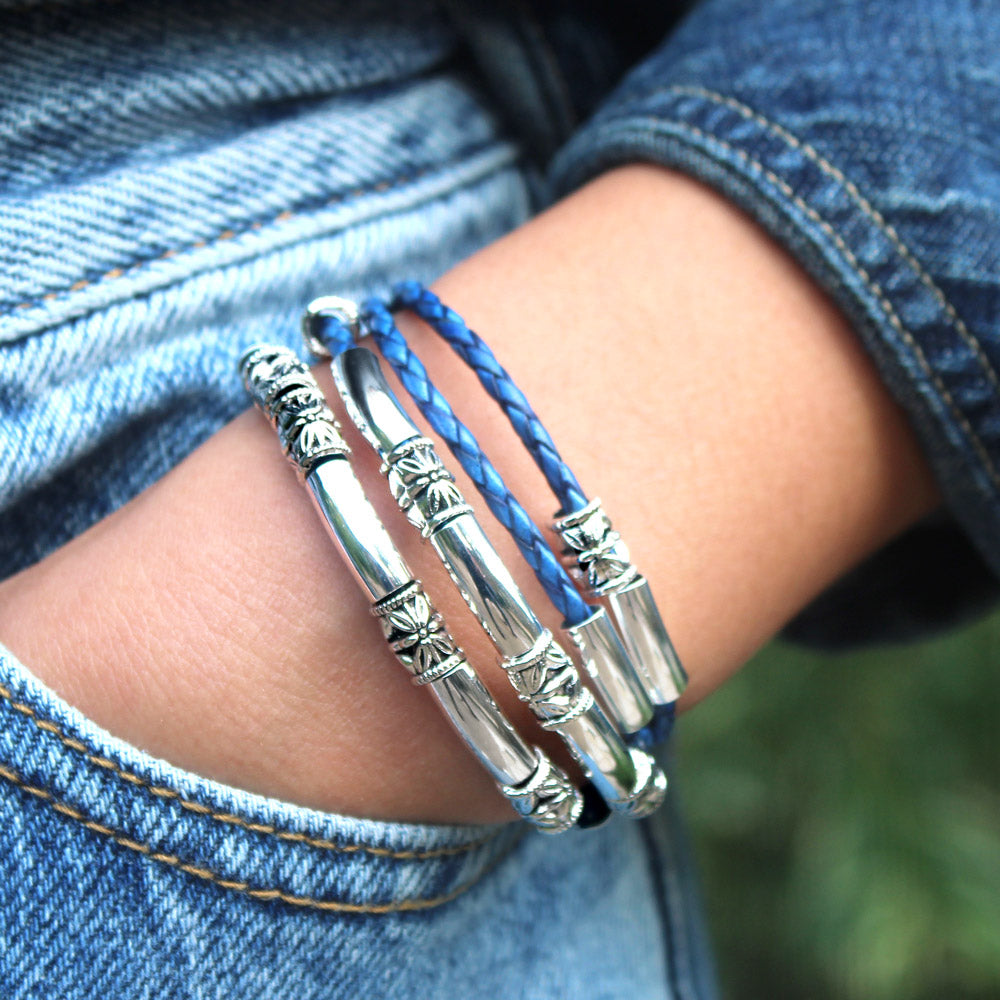 Maxi Braided Leather Wrap Bracelet in natural blue leather