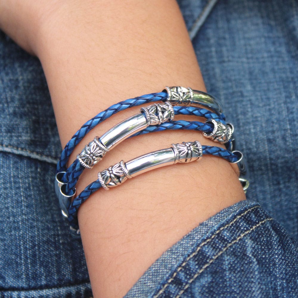 Maxi Braided Blue Leather Wrap Bracelet with Silver Etched Beads