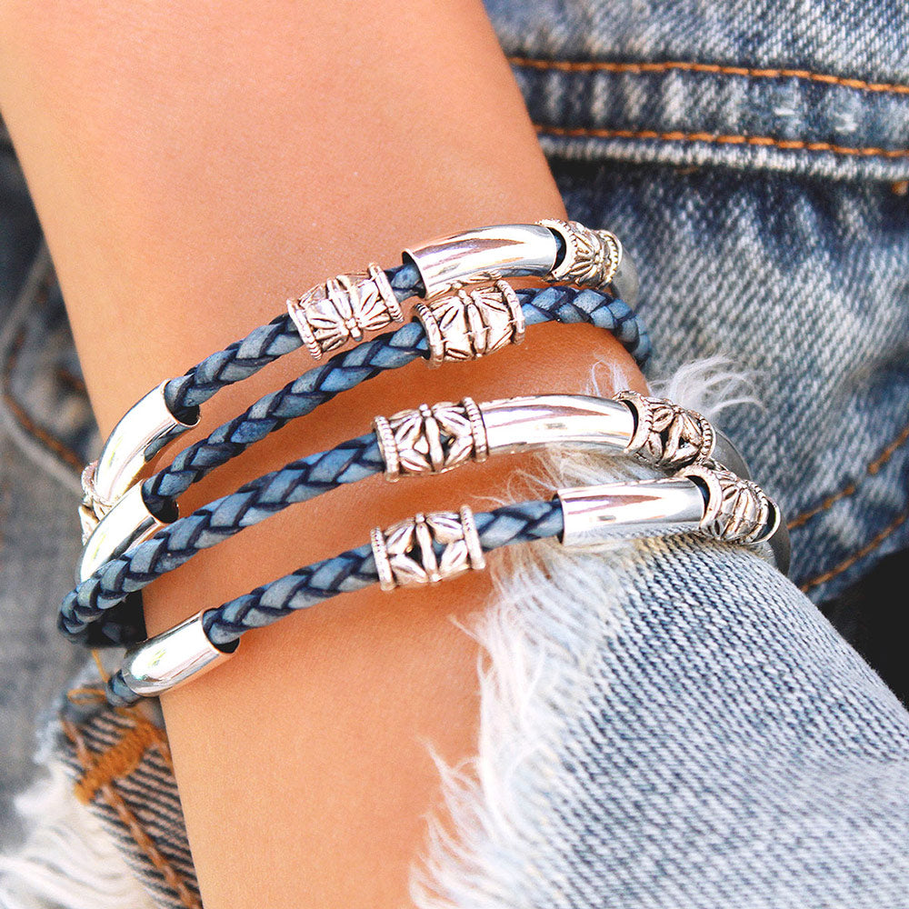 Maxi Braided Blue Leather Wrap Bracelet with Silver Etched Beads