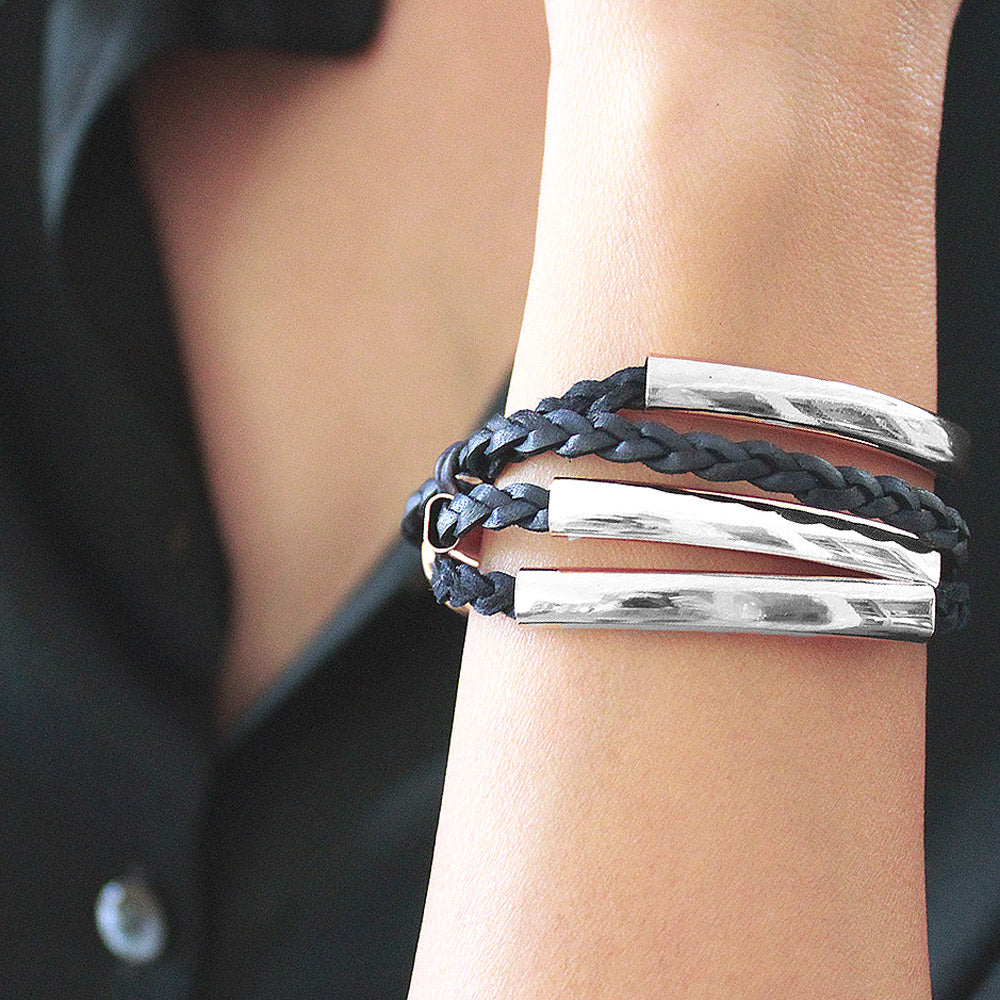 Addison Braided Leather Wrap Bracelet in Silver Bracelet Wrist Size*: Petite