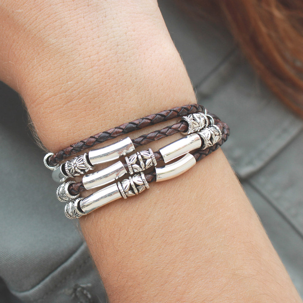 Maxi Braided Brown Leather Wrap Bracelet with Etched Silver Crescents