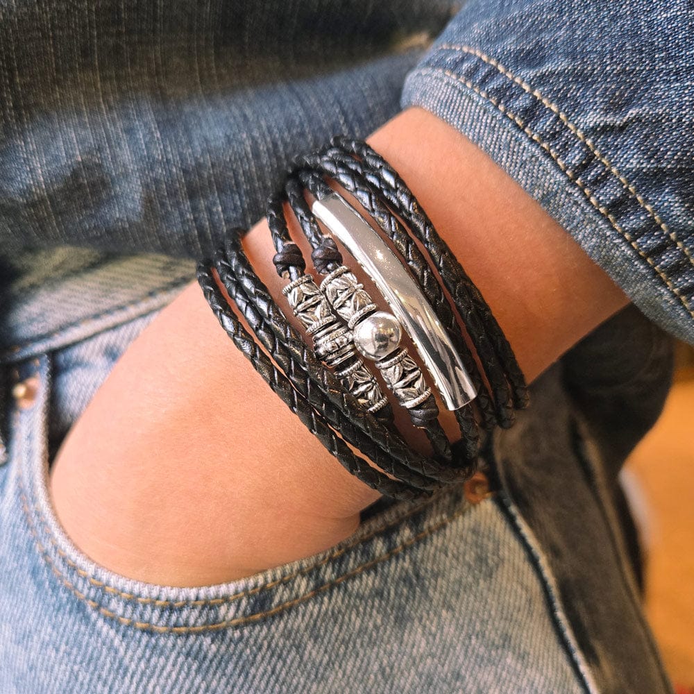 Naomi Braided Black Leather Wrap Bracelet with Silver Crescent & Beads