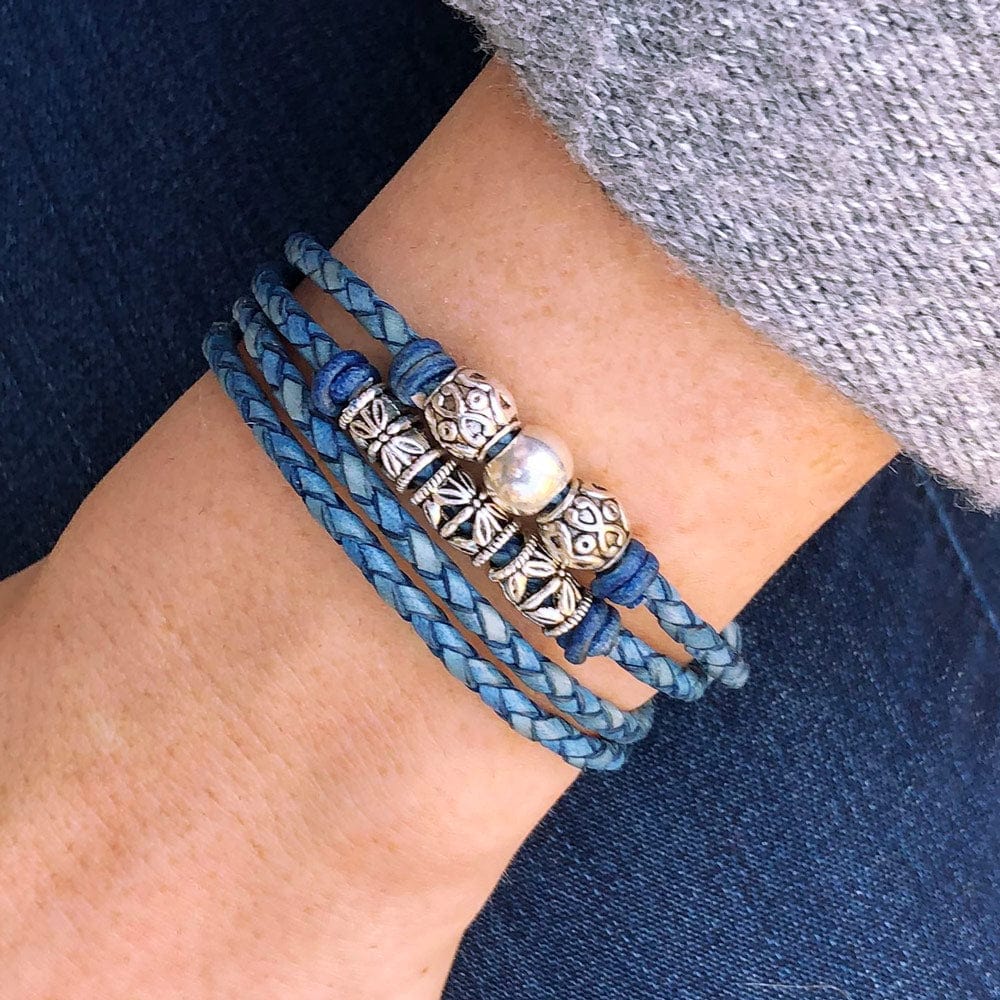 Nina Blue Leather Wrap Bracelet with Silver Floral Beads