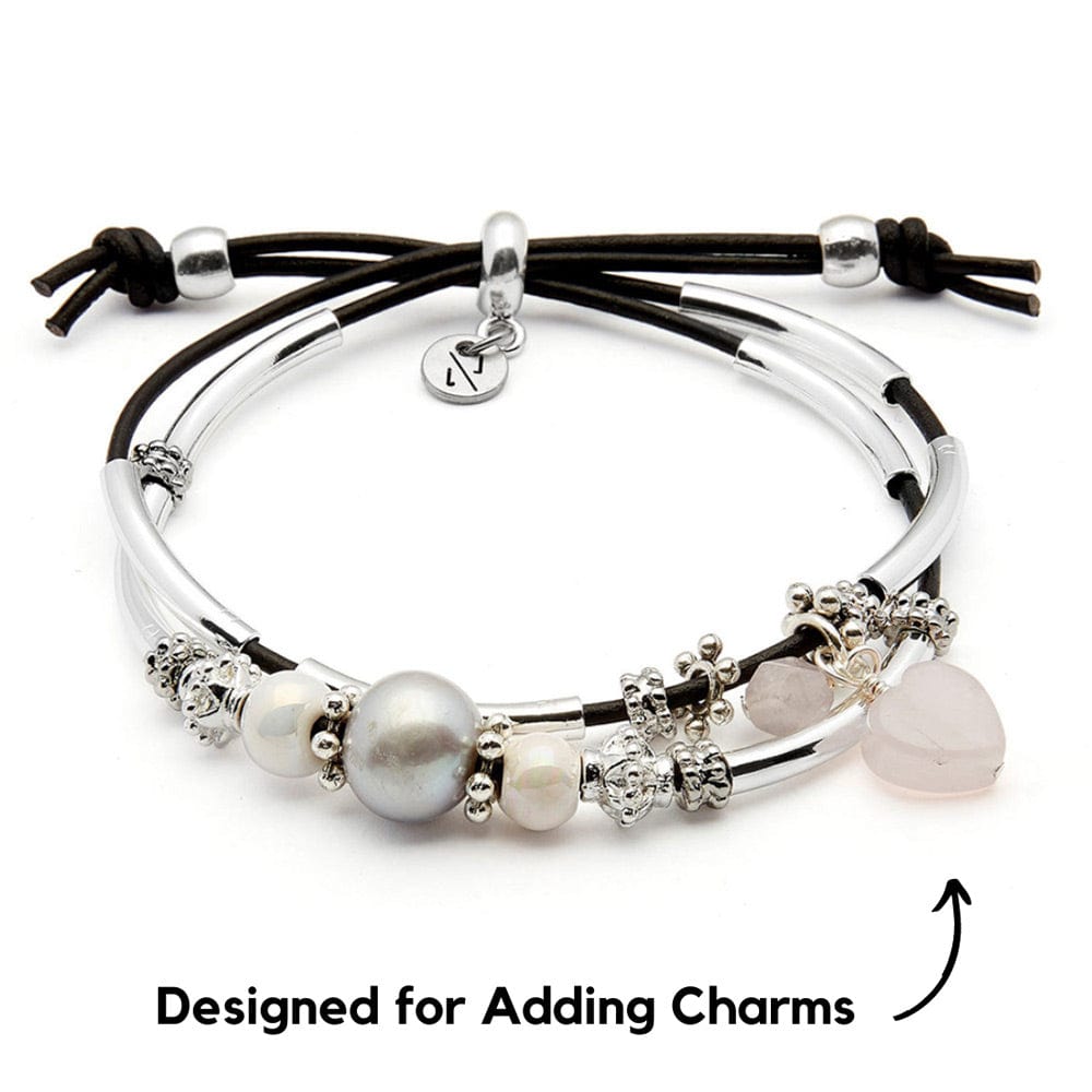 Ria w Pearls Adjustable Size Silver &amp; Leather Bracelet Adjustable Bracelet