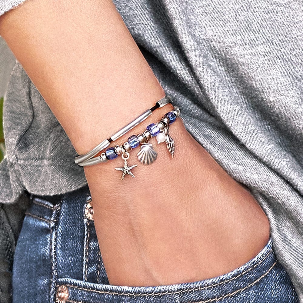 Surfside Adjustable Silver &amp; Leather Bracelet with Nautical Charms Adjustable Bracelet