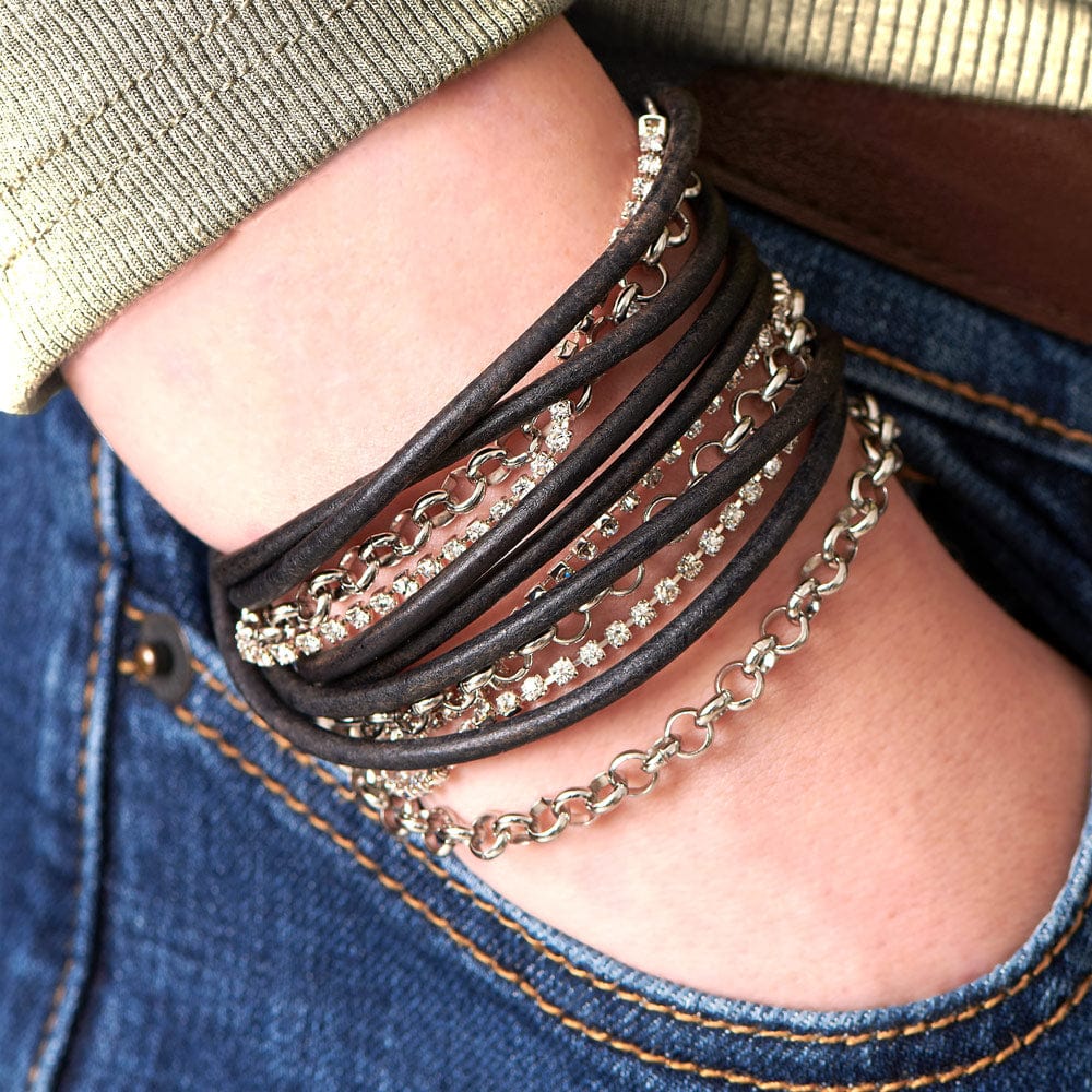  Sydney Black Leather Wrap Bracelet with Rhinestone Chain in Denim and Neutral