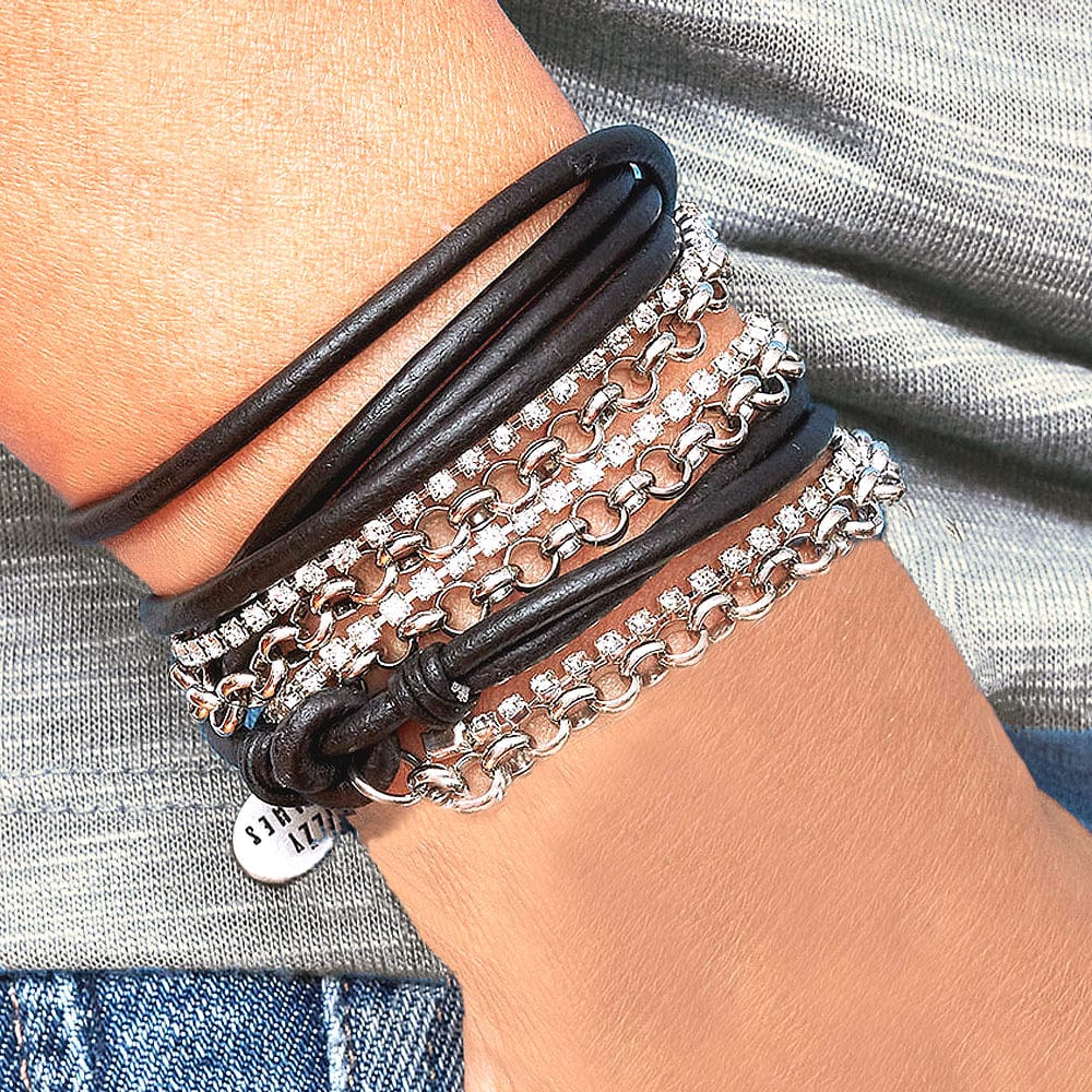 Sydney Black Leather Wrap Bracelet with Rhinestones in Denim Grey and Neutral