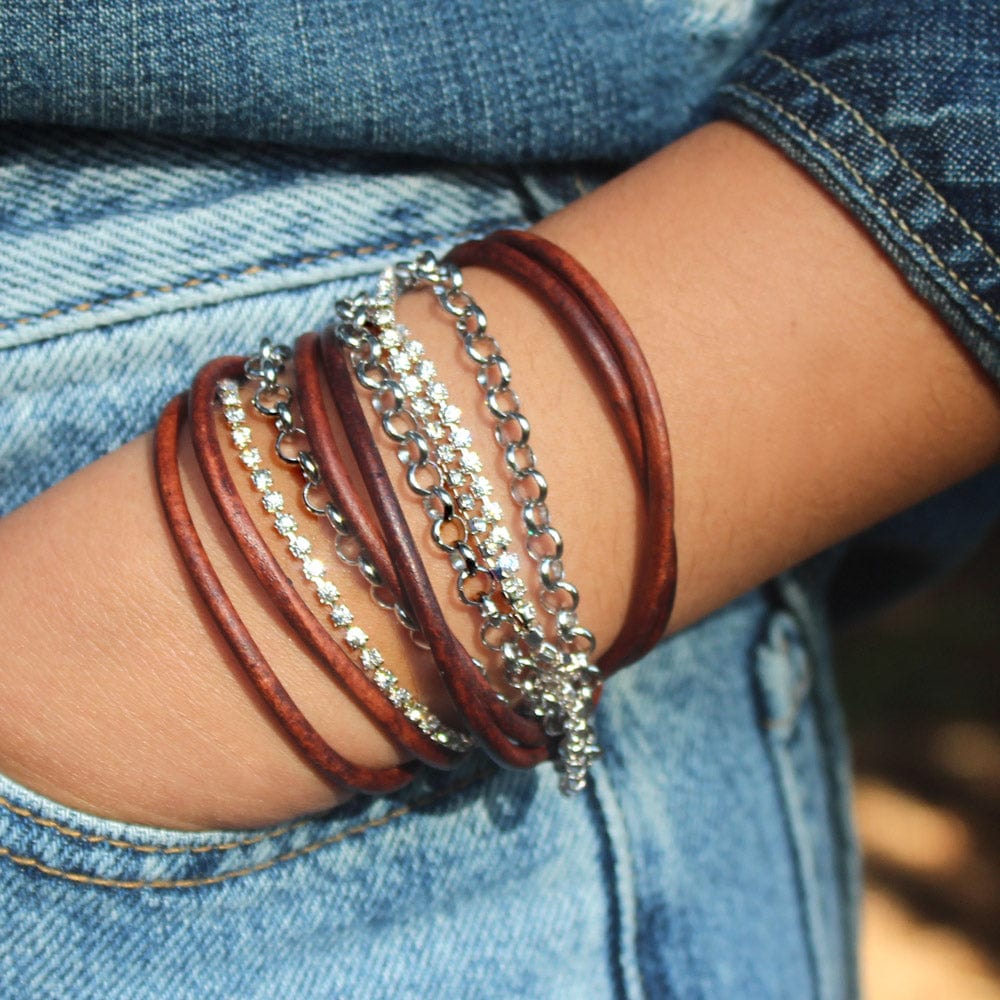 Sydney Brown Leather and Silver Wrap Bracelet