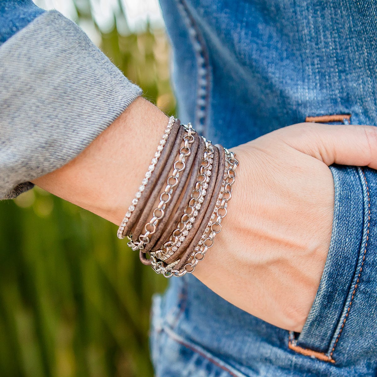 Sydney Leather and Silver Wrap Bracelet Natural Brown Gray Leather