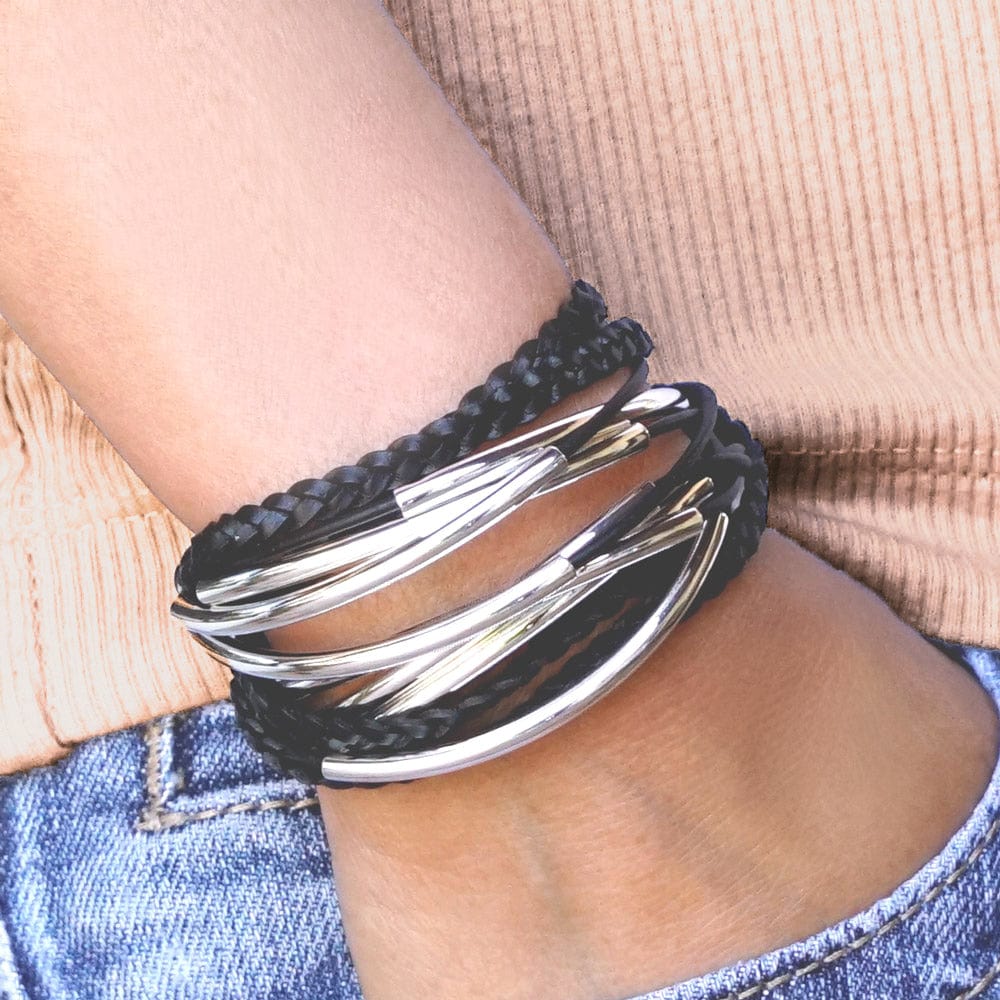 Terri Silver &amp; Braided Leather Wrap Bracelet Bracelet Wrist Size*: Petite