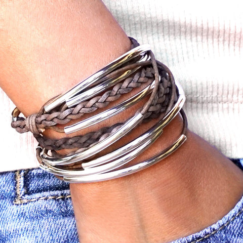 Benito - Personalized Chocolate Brown Genuine Leather Double Wrap Bracelet  with Grey Snap Fastener