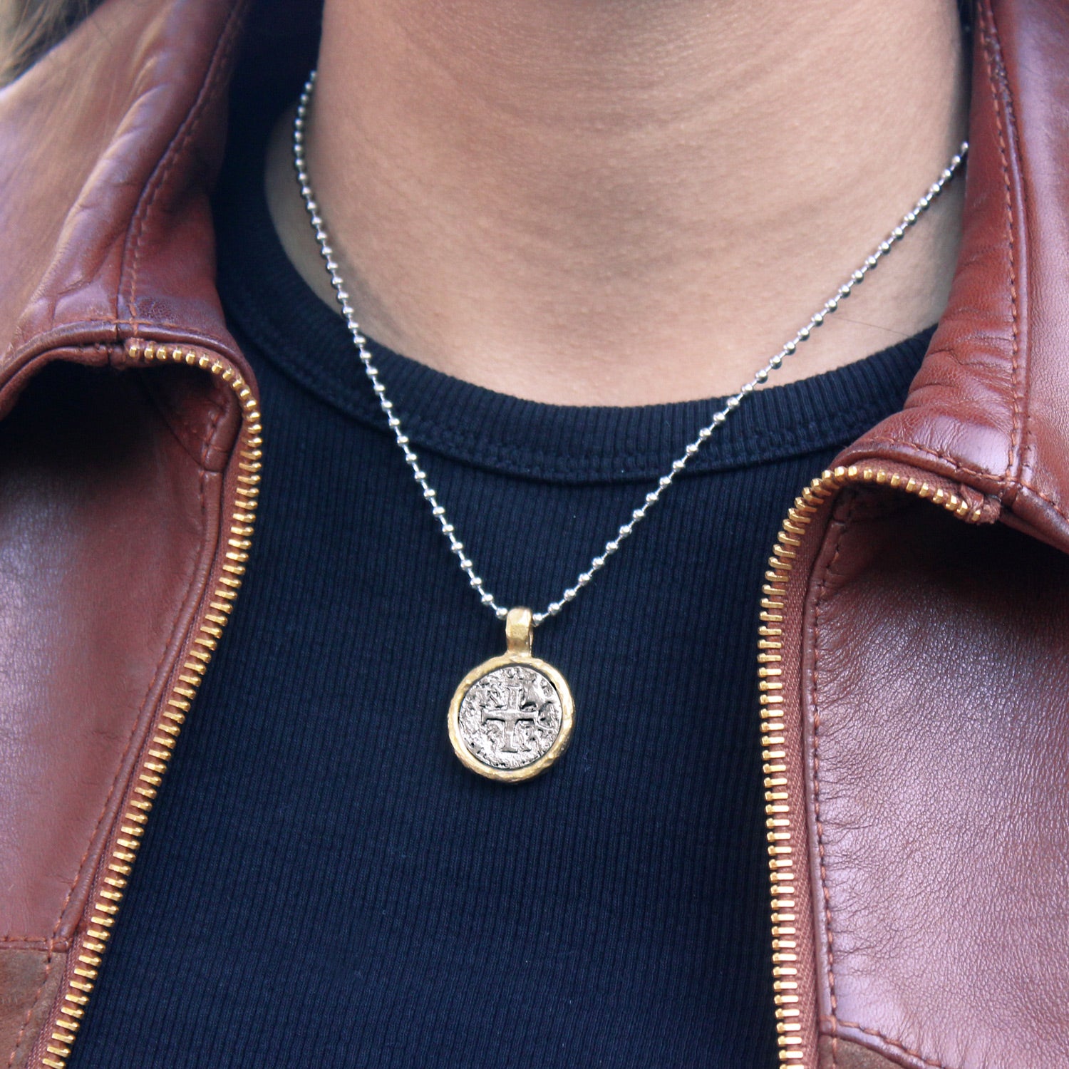 Gold and Silver Vintage Medallion on Adjustable Stainless Steel Necklace