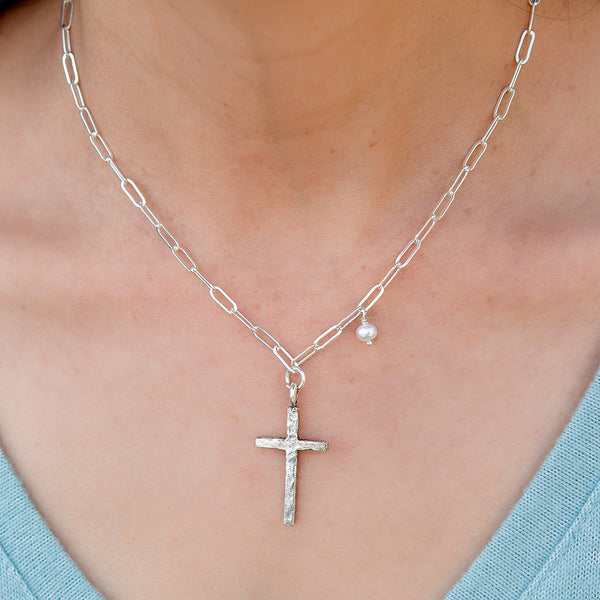 Adina Silver Chain Necklace with Hammered Christian Cross & Tiny Pearl ...