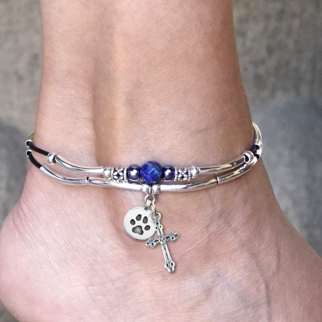 Blue Azure silver anklet with delicate cross and round paw charm