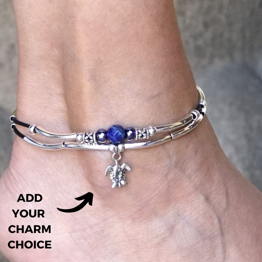 Blue Azure silver anklet with sea turtle charm