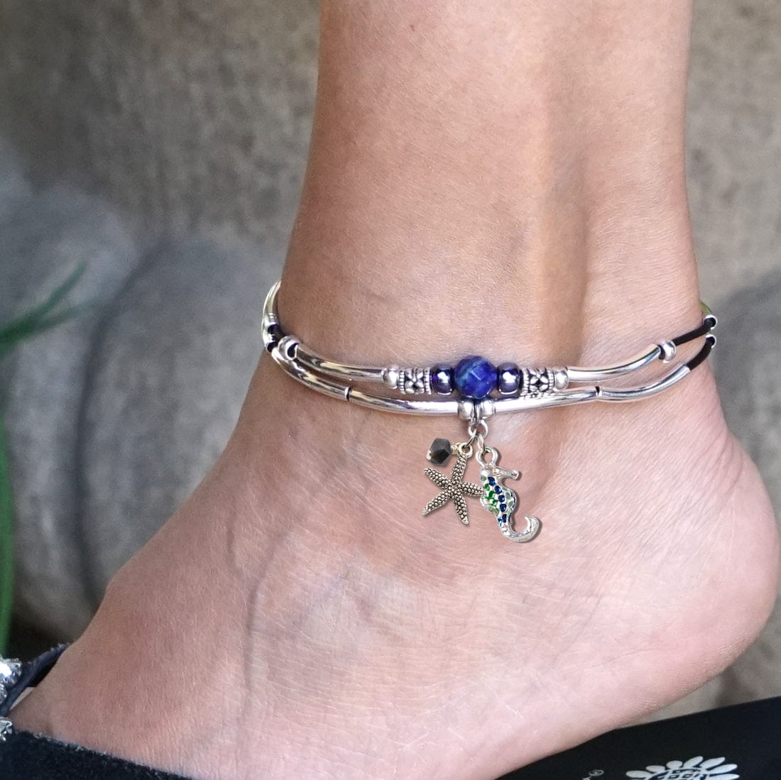 Blue Azure silver anklet with slim starfish charm with dangler and enamel seahorse charm