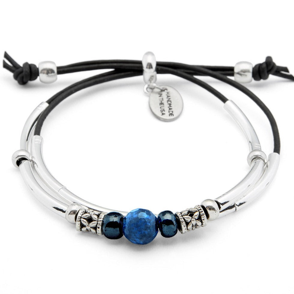 Blue Ocean Adjustable Silver & Leather Bracelet with Blue Lapis Adjustable Bracelet