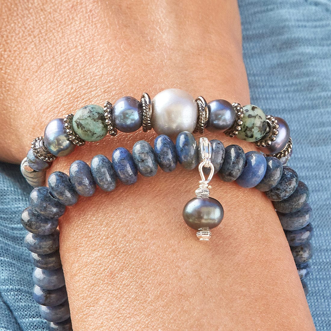 Fern pearl bracelet Met Silver leather and Blue Sunset Dumortierite Stretch Bracelet