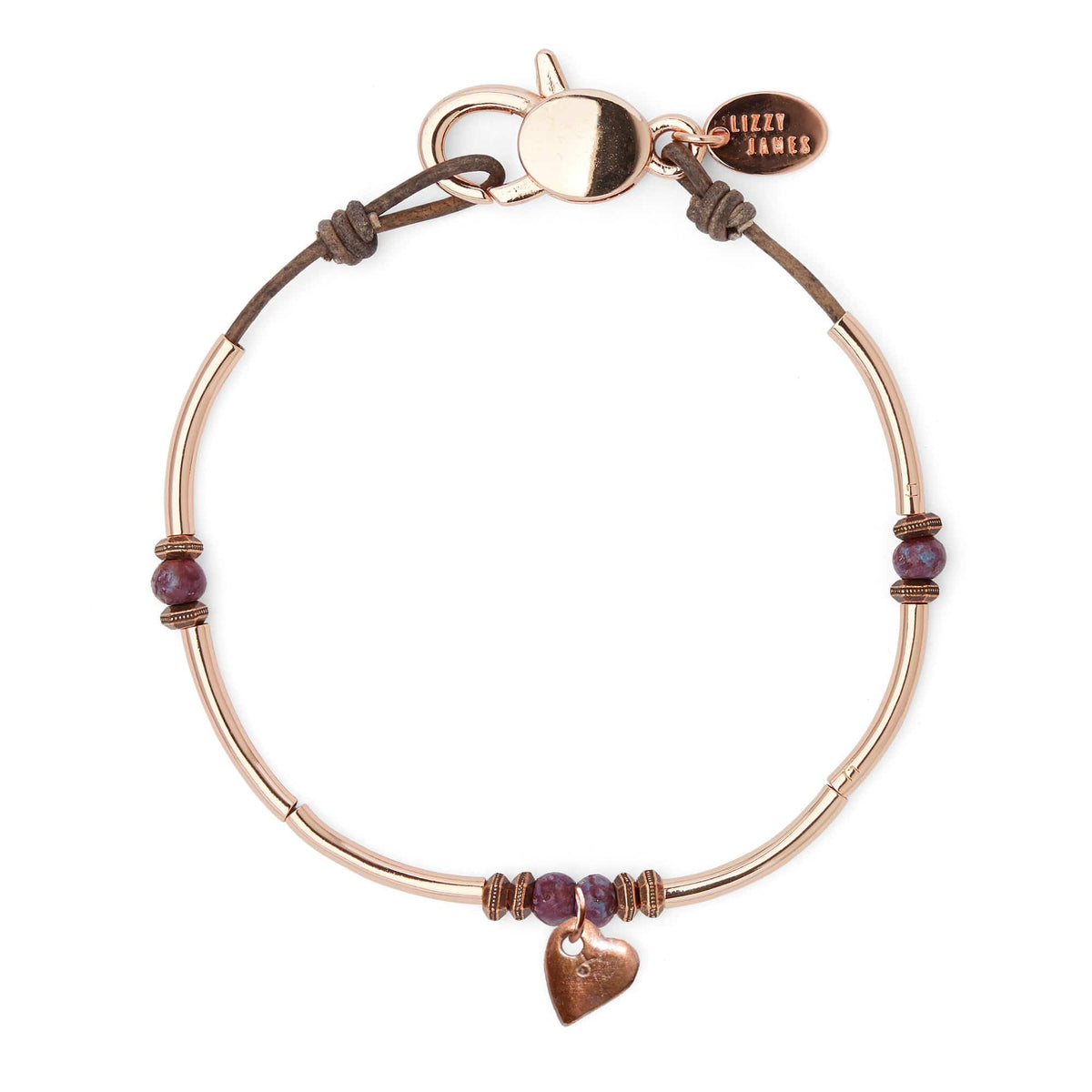 Jolie Anklet in Rose Gold &amp; Natural Antique Brown Leather with Heart Charm