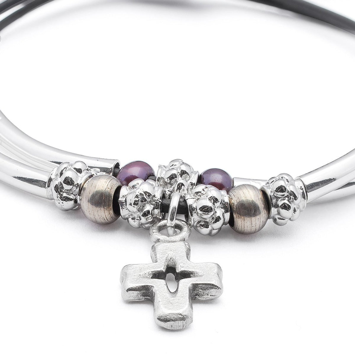 Faith Adjustable Silver &amp; Leather Bracelet with Silver Cross Charm &amp; Pearls Adjustable Bracelet Size: Adjustable