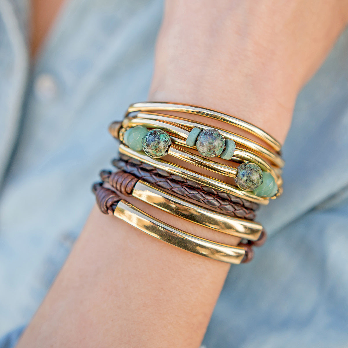 Perfect Pair in gold engravable bracelet stacked next to the Kerry in gold, sold separately