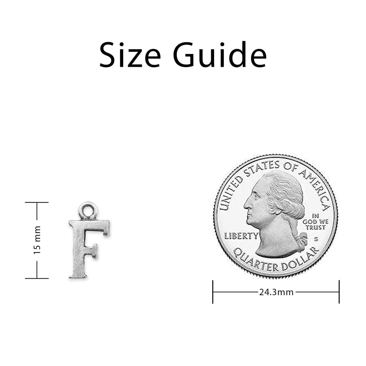 Letter F Charm measurement guide