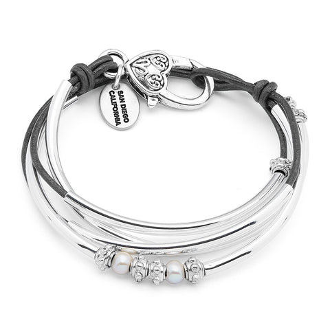 Charming Pearl Silver & Leather Wrap Bracelet – Lizzy James