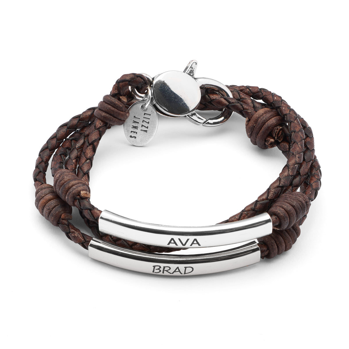 Perfect Pair Engravable Bracelet - Silver - shown engraved in Natural Mocha leather