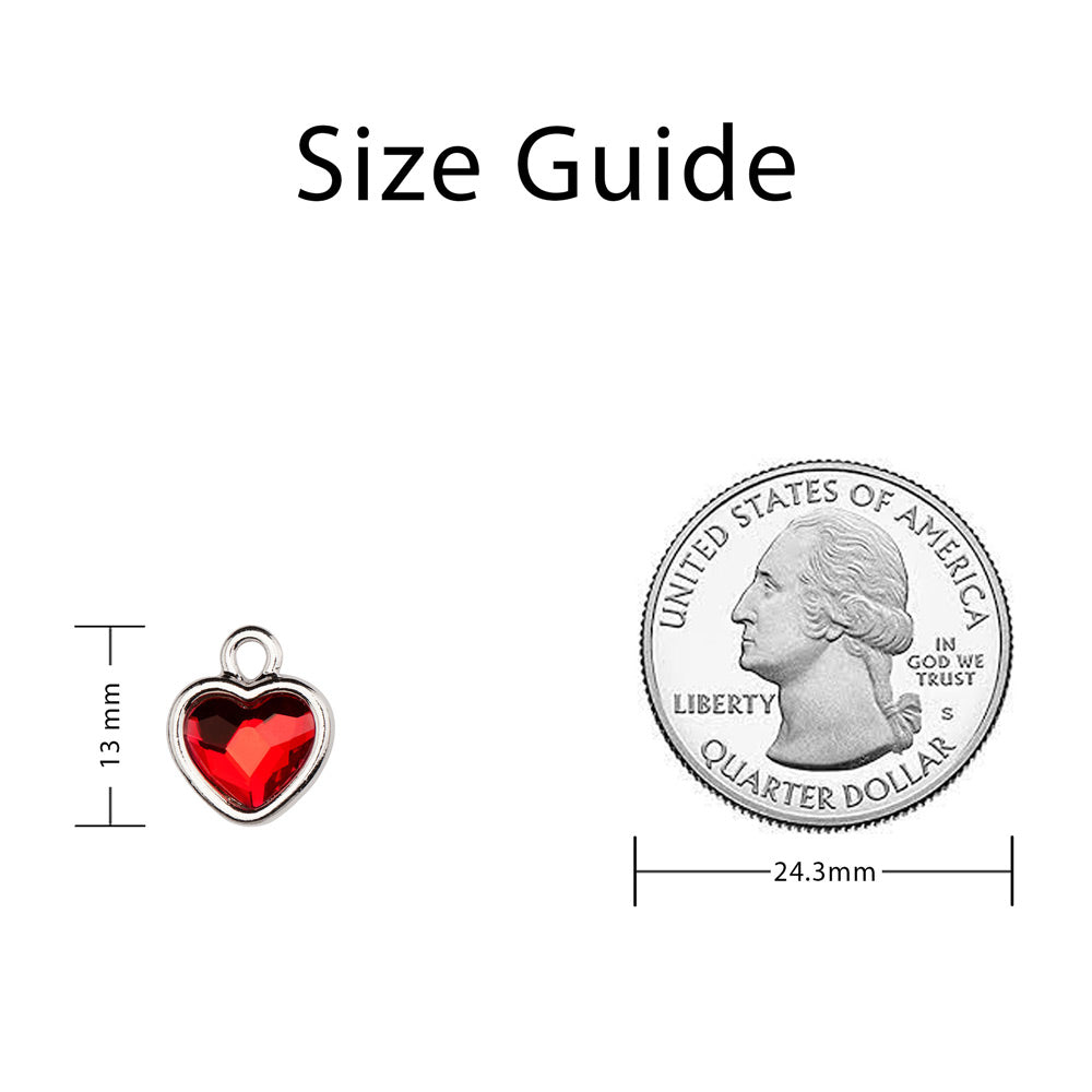 Ruby Crystal Silver Heart Charm size reference