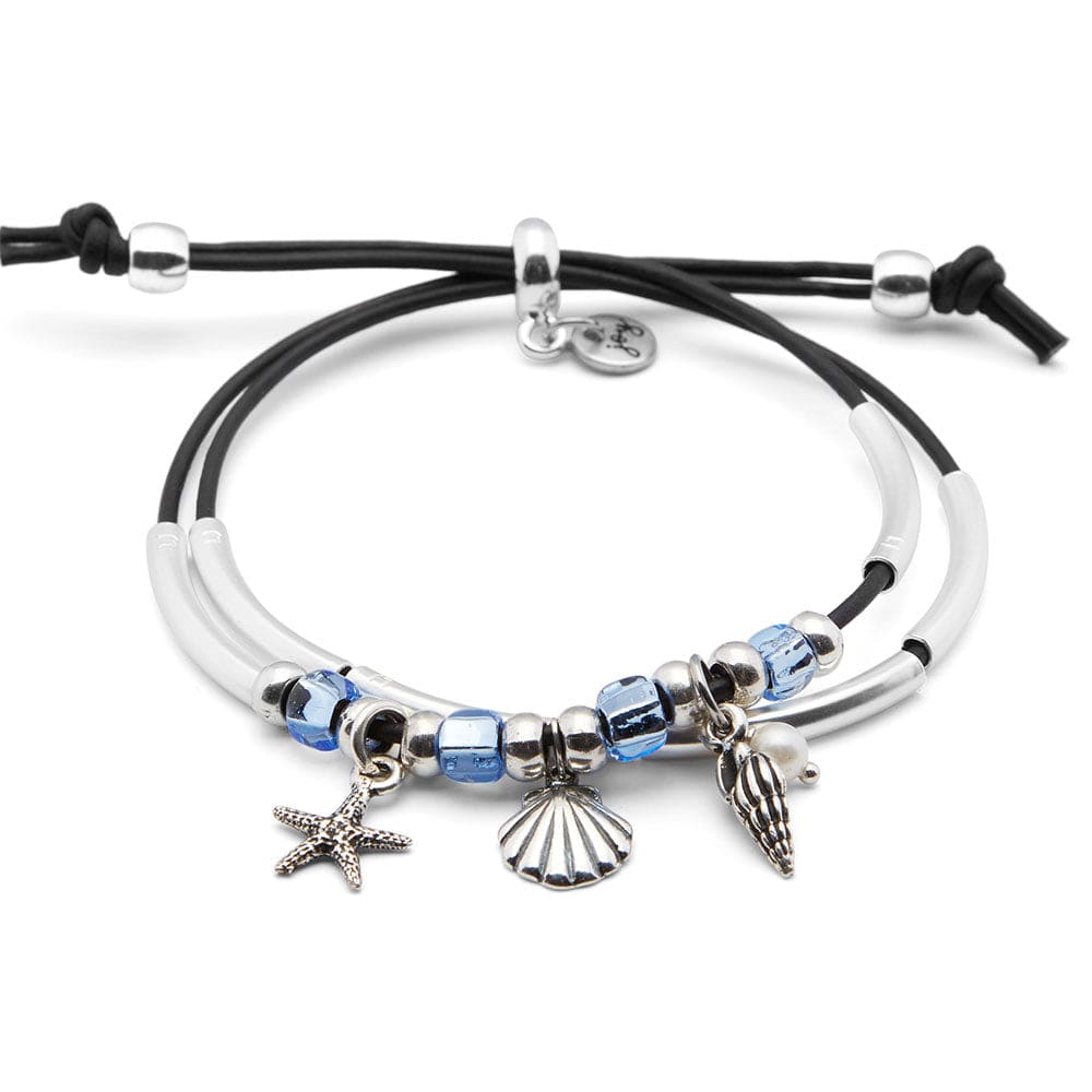 Surfside Adjustable Silver &amp; Leather Bracelet with Nautical Charms Adjustable Bracelet