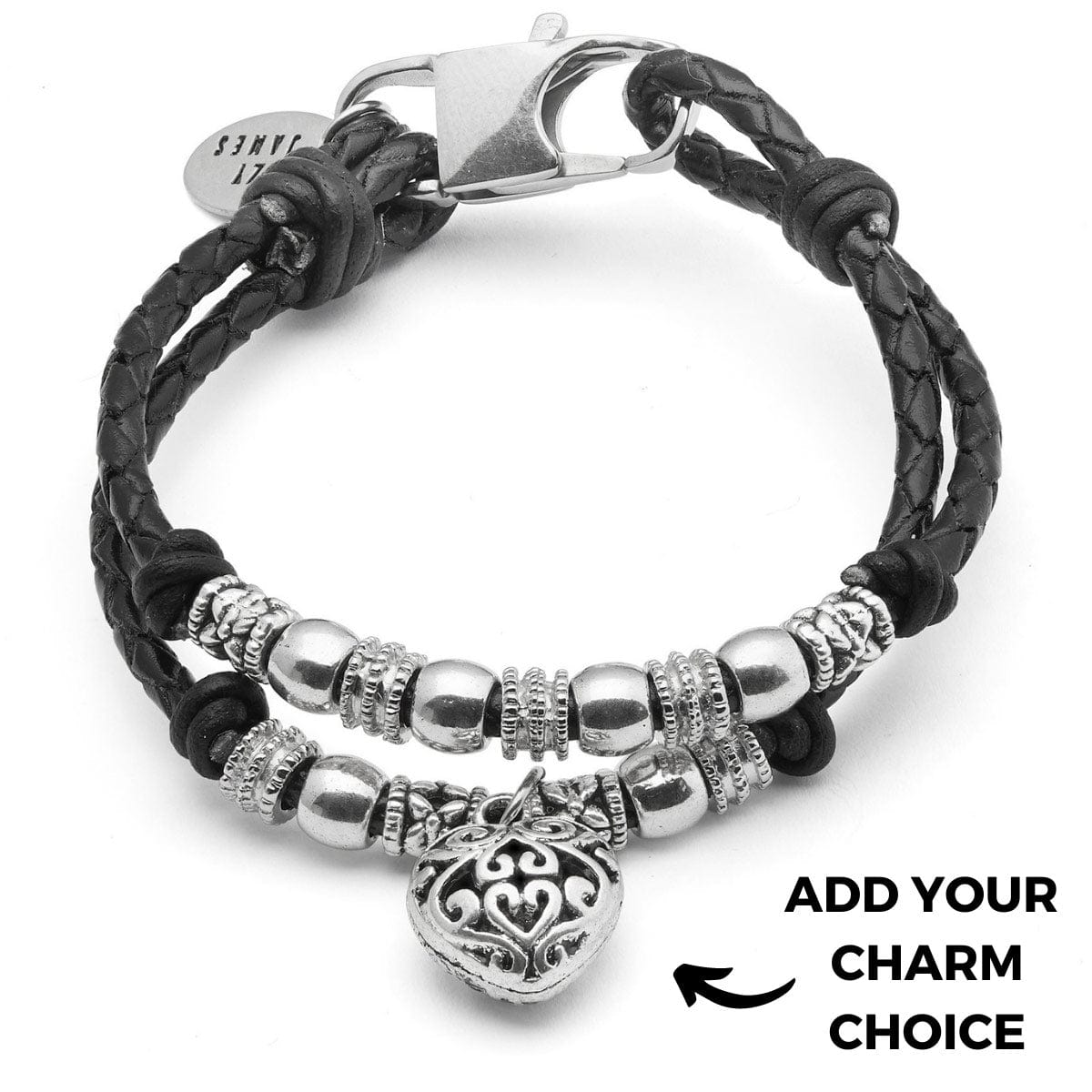 Zoe Silver and Braided Black Leather Bracelet Add Your Charm Choice Bracelet Select Wrist Size: Petite