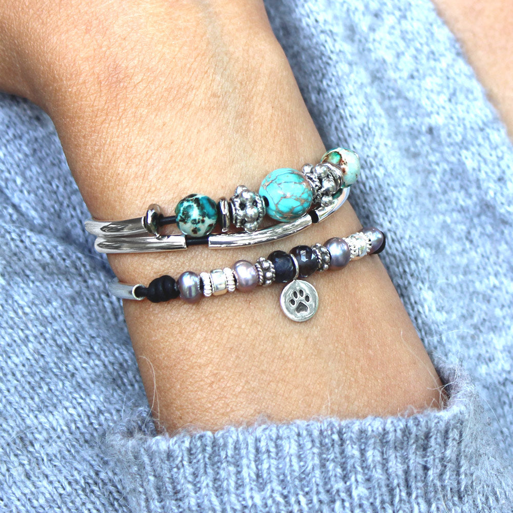 Basil Adjustable Silver &amp; Leather Bracelet with Semi Precious Turquoise Adjustable Bracelet