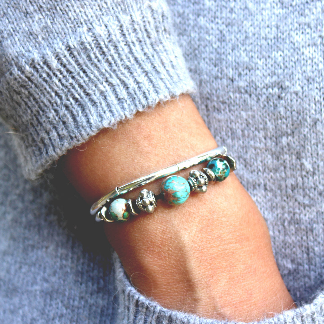 Basil Adjustable Silver &amp; Leather Bracelet with Semi Precious Turquoise Adjustable Bracelet