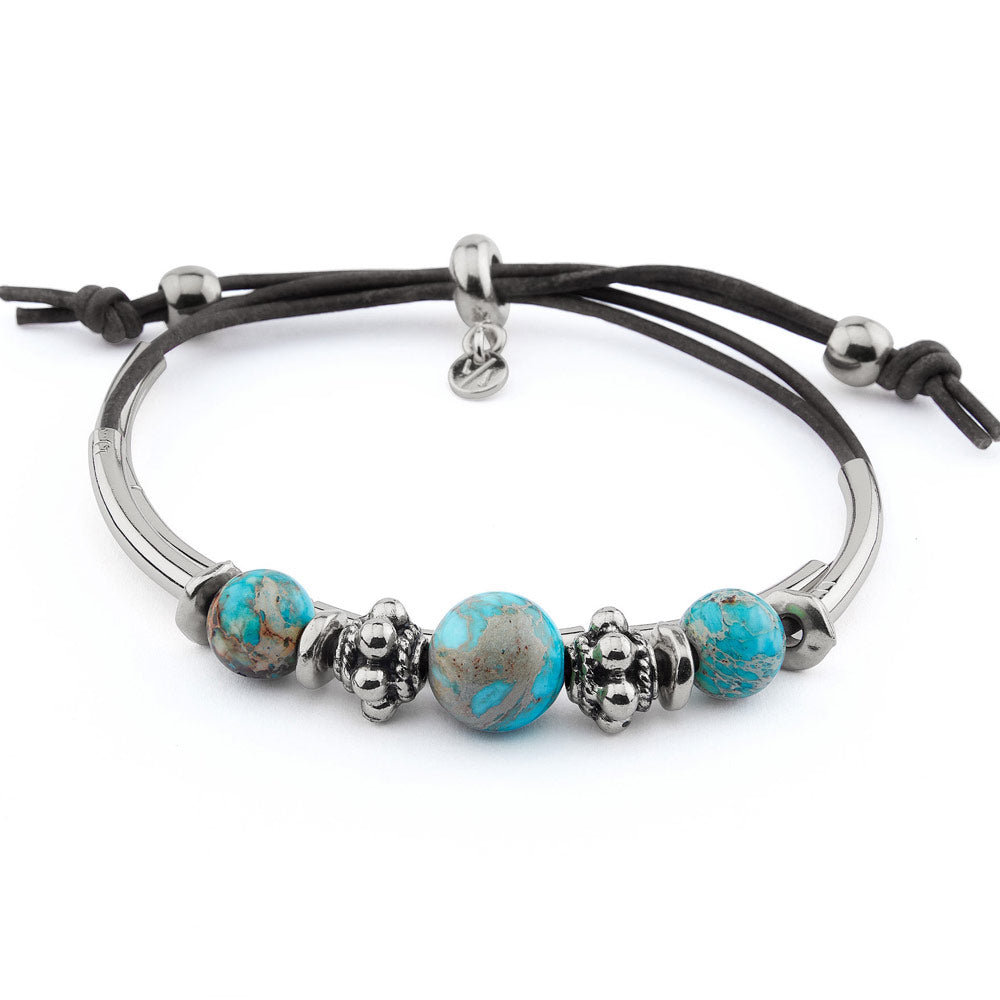 Basil Adjustable Silver &amp; Leather Bracelet with Semi Precious Turquoise Adjustable Bracelet